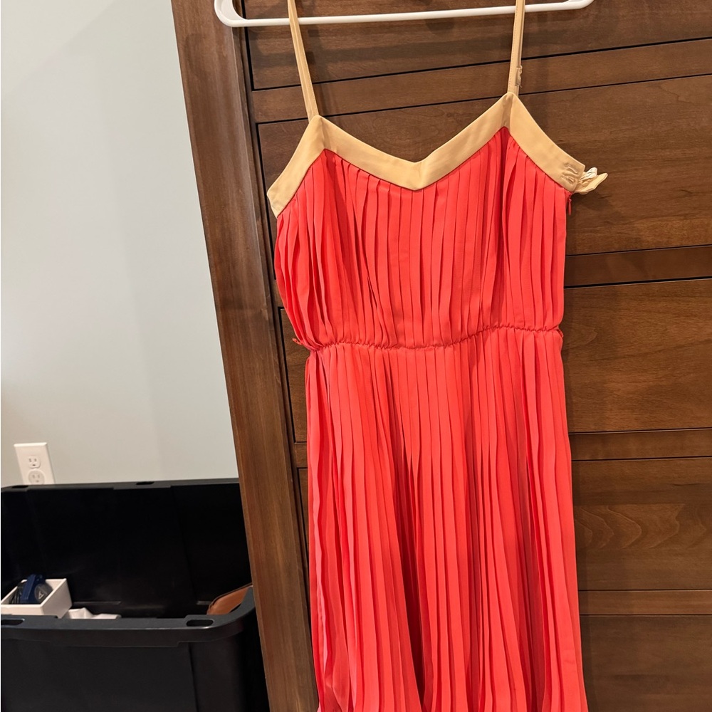 Coral Pleated Dress with Beige Straps